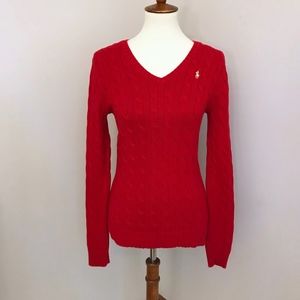 Ralph Lauren Red Cable Knit V-Neck Sweater